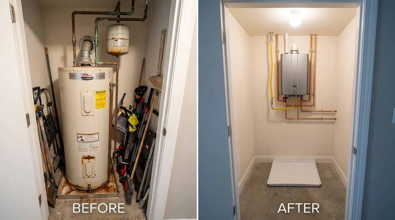 Tank water heater versus wall-mounted tankless unit comparison for Colchester, VT homeowners
