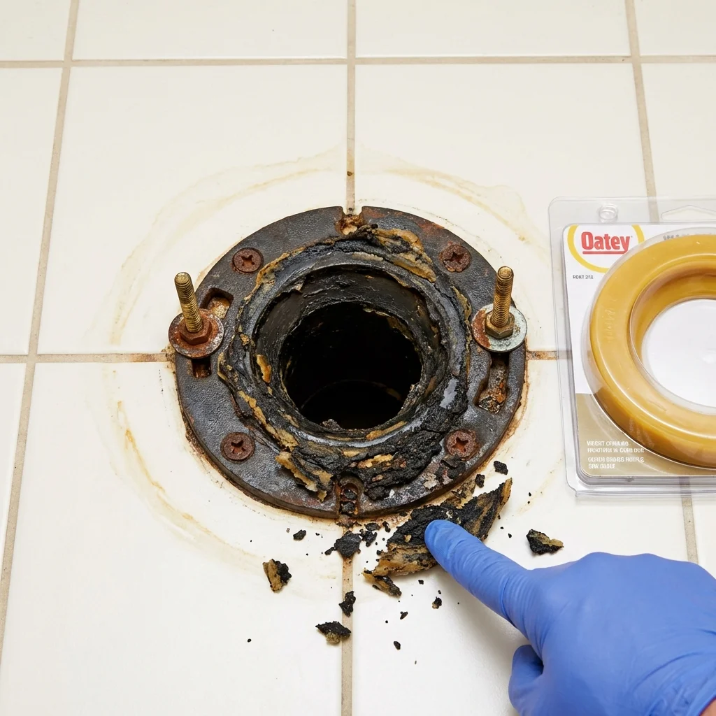 Failed wax ring showing water seepage at the base of a toilet in a Colchester, VT home