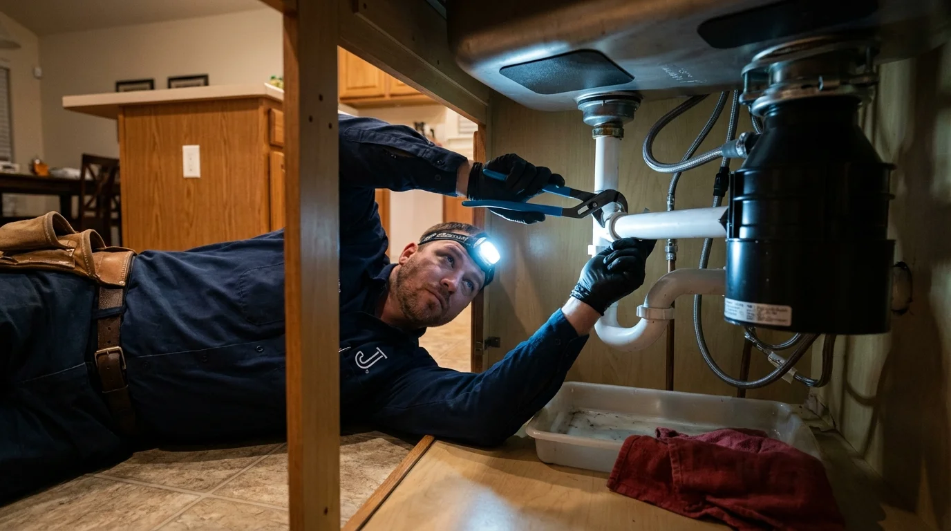 P-trap and supply line connections under a kitchen sink showing a common leak point in Colchester, VT